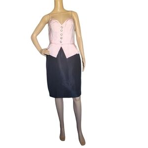 Vintage 80s Liliane Romi Paris Couture Pink & Black Peplum Cocktail Party Dress